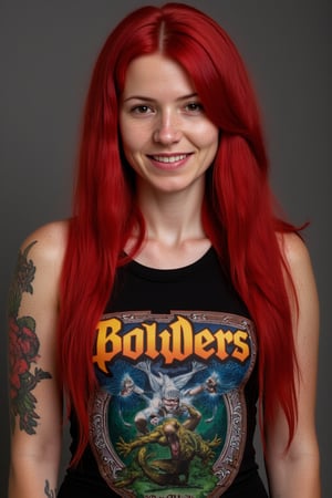 A close-up photo of Jana, a 30yo Nordic woman from Germany with very long intense vibrant colored crimson red hair.
She has a cute round face with freckles and smiles.
She wears a tight fitted sleeveless top showing a colorful heavy metal Album cover art made from smooth stretch fabric.,realskin
On her left arm and shoulder a large colorful dragon is tattooed. 