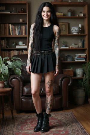 A full-body photo of a 30yo Nordic goth with very long hair.
She has a cute round face with freckles and smiles.
She is wearing a tight fitting sleeveless top made from smooth stretch fabric.
She is also wearing a short pleated skirt with a studded  belt and black leather ankle boots.
Her arms and legs are adorned with many colored tattoos of dragons and skulls.
She stands with a dynamic pose in an apartment with book shelves and plants on a rug. 