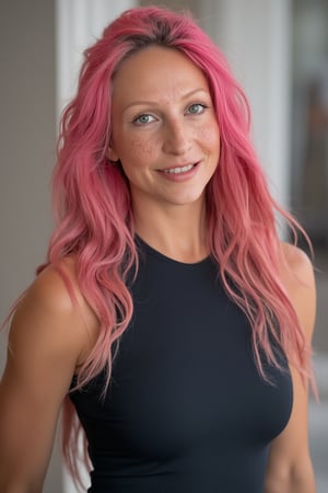 A close-up photo of Jana, a 30yo woman from Germany with very long pink hair.
She has a cute round face with freckles and smiles.
She wears a tight fitted sleeveless top made from smooth stretch fabric. 