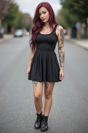 Full body photo of a 30yo metal T4tt00_G1rl woman with very long hair standing on a asphalt street, a cute round face with freckles, tattoos. She wears a short pleated a-line dress and black leather boots. 