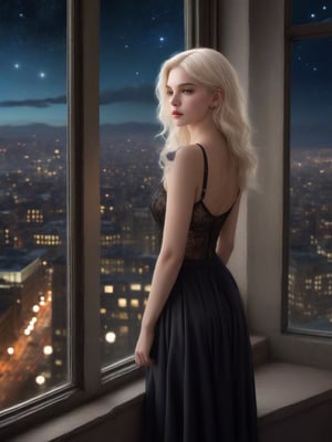 The image features a woman with platinum blonde, wavy hair standing by a large window, gazing out at a bustling cityscape below. The nighttime scene outside is alive with glowing streetlights, busy traffic, and the twinkling lights of distant buildings, creating a captivating contrast between the vibrant urban environment and the calm interior space where the woman stands.

She is dressed in a delicate, lacey top with thin straps, which gracefully drapes off her shoulders, adding a touch of elegance and softness to the scene. The top is paired with a long, flowing skirt decorated with black stars, evoking a celestial, dreamlike quality. Her reflection in the glass is almost as vivid as her real presence, creating a layered, surreal effect that adds depth and introspection to the image.

The woman’s pose is relaxed yet thoughtful, with her hands lightly resting on the windowsill as she leans forward slightly, lost in contemplation. The dim lighting inside the room is warm, casting soft shadows across her figure and enhancing the cozy, intimate atmosphere.

The reflection of the night sky is faintly visible in the window, mingling with the city lights, and adding to the overall mood of quiet reflection. The scene evokes a sense of solitude, wonder, and connection between the woman and the vast world outside. The mood is introspective and dreamy, as though she is lost in thought, contemplating the boundless energy of the city while standing in a peaceful, personal space. The contrast between the interior calm and the exterior vibrance makes the image feel both serene and alive.

