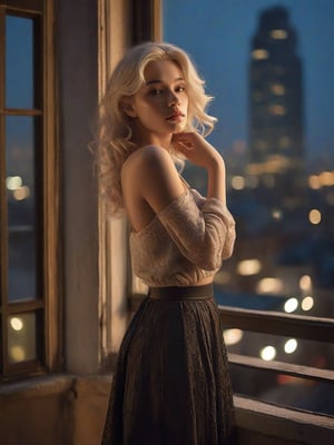 The image features a woman with platinum blonde, wavy hair standing by a large window, gazing out at a bustling cityscape below. The nighttime scene outside is alive with glowing streetlights, busy traffic, and the twinkling lights of distant buildings, creating a captivating contrast between the vibrant urban environment and the calm interior space where the woman stands.

She is dressed in a delicate, lacey top with thin straps, which gracefully drapes off her shoulders, adding a touch of elegance and softness to the scene. The top is paired with a long, flowing skirt decorated with black stars, evoking a celestial, dreamlike quality. Her reflection in the glass is almost as vivid as her real presence, creating a layered, surreal effect that adds depth and introspection to the image.

The woman’s pose is relaxed yet thoughtful, with her hands lightly resting on the windowsill as she leans forward slightly, lost in contemplation. The dim lighting inside the room is warm, casting soft shadows across her figure and enhancing the cozy, intimate atmosphere.

The reflection of the night sky is faintly visible in the window, mingling with the city lights, and adding to the overall mood of quiet reflection. The scene evokes a sense of solitude, wonder, and connection between the woman and the vast world outside. The mood is introspective and dreamy, as though she is lost in thought, contemplating the boundless energy of the city while standing in a peaceful, personal space. The contrast between the interior calm and the exterior vibrance makes the image feel both serene and alive.

