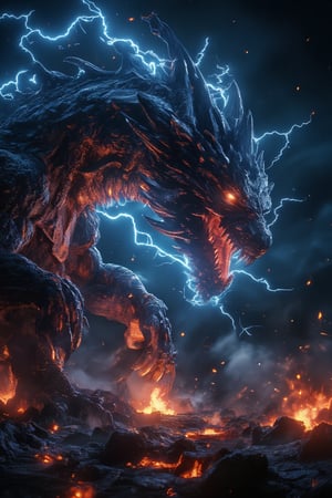 A highly detailed 3D render of a colossal dragon, its muscular form rippling with raw energy as it charges up a massive ki power, glowing with ferocious intensity. The dragon's scales are dark and rough, highlighted by the bright blue and red glow emanating from the crackling energy around its body. It stands in a rugged volcanic terrain, with the ground beneath it split by glowing cracks and rising heat. The scene is illuminated by the intense energy glow, casting harsh shadows across the dragon's fierce expression and surroundings, emphasizing its brutal and powerful stance,Real Dragon,Ki Charge,Fantasy detailers 