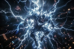 A highly detailed digital render of Venom symbiote in a chaotic state, its fluid-like form swirling wildly as massive bursts of energy radiate with a thunderous aura, electrifying the air around it. The scene is set against the backdrop of a crowded metropolitan New York, with skyscrapers and neon signs flashing in response to the intense energy. The wormhole's view captures the impending disaster from above, revealing the swirling chaos as Venom's energy collides with the urban landscape. Intense blues, purples, and white lightning crackle across the scene, casting sharp shadows and highlighting the cityscape's turmoil,Ki Charge,lightningthunder