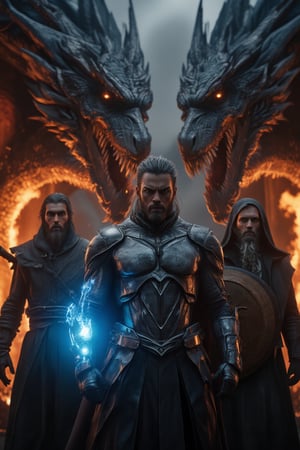 A close-up cinematic fantasy scene with three characters positioned tightly in the frame. The central character, dressed in futuristic silver armor, stands in the forefront, taking up most of the frame with a strong, commanding presence. He holds a glowing blue gauntlet that emits light, his intense expression directed forward. To the left, a medieval warrior in a gray cloak holds a wooden shield close to his body, slightly overlapping with the central figure's arm. His head is tilted upwards, focused. On the right, a dark-robed mage raises a staff, his expression animated, positioned closer to the central character, overlapping slightly. Both characters are brought forward, matching the scale of the central figure. Two fierce dragons form a backdrop behind the characters, their wings arched and bodies partially hidden in the shadows. The background is filled with glowing embers and fiery orange hues, creating a chaotic atmosphere. Dramatic directional lighting casts sharp shadows, focusing attention on the characters. The overall scene is intense and tightly framed, emphasizing the characters' presence,Real Dragon,Ki Charge