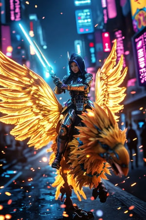 A cyberpunk-style digital illustration of a cybersuit archangel wielding a glowing cybersword, riding a majestic chocobo with golden feathers. The archangel's armor is sleek and metallic, reflecting neon blue and purple hues. The cybersword emits a bright, ethereal glow, illuminating the surrounding area. The chocobo, adorned with futuristic elements, strides confidently through a vibrant, neon-lit cityscape with holographic advertisements and digital glitch effects. The scene is backlit with neon lights, casting a dramatic glow over the archangel and chocobo, creating an intense and otherworldly atmosphere,Flame,Riding Chocobo,Archangel