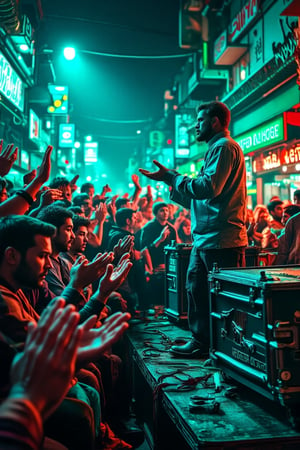 crowd clapping and appluding a street musician, bright light colours, white and green features, shot on canon eos 7D,NeonDystopia,cinematic dramatic color style