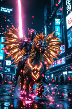 A cyberpunk-style digital illustration of a cybersuit archangel wielding a glowing cybersword, riding a majestic chocobo with golden feathers. The archangel's armor is sleek and metallic, reflecting neon blue and purple hues. The cybersword emits a bright, ethereal glow, illuminating the surrounding area. The chocobo, adorned with futuristic elements, strides confidently through a vibrant, neon-lit cityscape with holographic advertisements and digital glitch effects. The scene is backlit with neon lights, casting a dramatic glow over the archangel and chocobo, creating an intense and otherworldly atmosphere,Flame,Riding Chocobo,Archangel