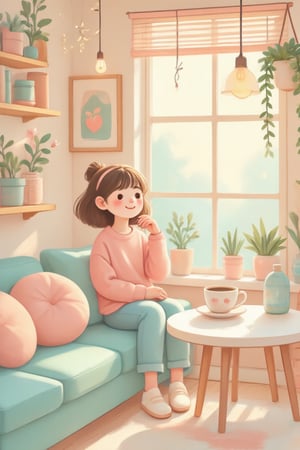 A cute, whimsical illustration of a girl relaxing in a cozy cafe. The cafe is filled with pastel tones, soft pinks, mint greens, and creamy whites. She sits by a window with a warm cup of coffee, surrounded by plush cushions and playful decor like hanging fairy lights and potted plants. The atmosphere is cozy and inviting, with soft, warm light streaming in, casting gentle shadows that enhance the whimsical charm of the scene,Whimsy Delight,3Dmorningcoffeegirl,EyeCandy