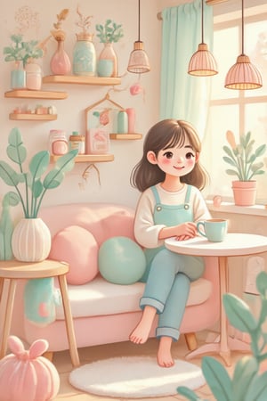 A cute, whimsical illustration of a girl relaxing in a cozy cafe. The cafe is filled with pastel tones, soft pinks, mint greens, and creamy whites. She sits by a window with a warm cup of coffee, surrounded by plush cushions and playful decor like hanging fairy lights and potted plants. The atmosphere is cozy and inviting, with soft, warm light streaming in, casting gentle shadows that enhance the whimsical charm of the scene,Whimsy Delight,3Dmorningcoffeegirl,EyeCandy