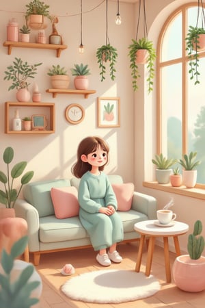 A cute, whimsical illustration of a girl relaxing in a cozy cafe. The cafe is filled with pastel tones, soft pinks, mint greens, and creamy whites. She sits by a window with a warm cup of coffee, surrounded by plush cushions and playful decor like hanging fairy lights and potted plants. The atmosphere is cozy and inviting, with soft, warm light streaming in, casting gentle shadows that enhance the whimsical charm of the scene,Whimsy Delight,3Dmorningcoffeegirl,EyeCandy