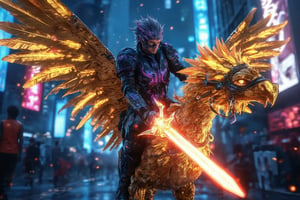 A cyberpunk-style digital illustration of a cybersuit archangel wielding a glowing cybersword, riding a majestic chocobo with golden feathers. The archangel's armor is sleek and metallic, reflecting neon blue and purple hues. The cybersword emits a bright, ethereal glow, illuminating the surrounding area. The chocobo, adorned with futuristic elements, strides confidently through a vibrant, neon-lit cityscape with holographic advertisements and digital glitch effects. The scene is backlit with neon lights, casting a dramatic glow over the archangel and chocobo, creating an intense and otherworldly atmosphere,Flame,Riding Chocobo,Archangel