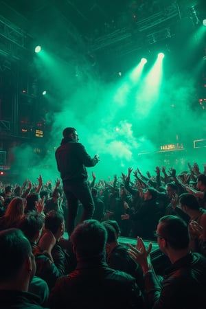 crowd clapping and appluding a street musician, bright light colours, white and green features, shot on canon eos 7D,NeonDystopia,cinematic dramatic color style