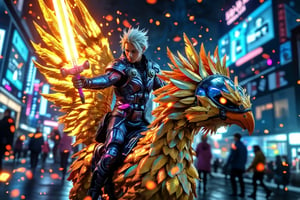 A cyberpunk-style digital illustration of a cybersuit archangel wielding a glowing cybersword, riding a majestic chocobo with golden feathers. The archangel's armor is sleek and metallic, reflecting neon blue and purple hues. The cybersword emits a bright, ethereal glow, illuminating the surrounding area. The chocobo, adorned with futuristic elements, strides confidently through a vibrant, neon-lit cityscape with holographic advertisements and digital glitch effects. The scene is backlit with neon lights, casting a dramatic glow over the archangel and chocobo, creating an intense and otherworldly atmosphere,Flame,Riding Chocobo,Archangel