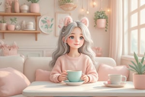 A cute, whimsical illustration of a girl relaxing in a cozy cafe. The cafe is filled with pastel tones, soft pinks, mint greens, and creamy whites. She sits by a window with a warm cup of coffee, surrounded by plush cushions and playful decor like hanging fairy lights and potted plants. The atmosphere is cozy and inviting, with soft, warm light streaming in, casting gentle shadows that enhance the whimsical charm of the scene,Whimsy Delight,3Dmorningcoffeegirl,EyeCandy,PorcelainDollPrincess