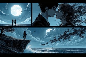 Top left panel: A couple standing at the edge of a cliff, the moonlight casting eerie shadows, captured from a wide-angle shot with the ocean roaring below.
Top right panel: Close-up of the kiss, as their lips meet, but the main character’s body begins to pixelate into darkness, parts of them disappearing into the wind.
Bottom panel: The kiss ends, and only one lover remains, standing at the edge of the cliff, their hand outstretched to the void where the other once was, the ocean and sky pixelated and dark, creating an unsettling, surreal effect. The background blurs as the reality crumbles around them. (1.6-1) d S = δ Q rev T::0.7 farewell kiss intensity::0.3 pixelated disappearance --s manga gothic romance thriller,DynamicMangaPanels,DynamicMangaFrames