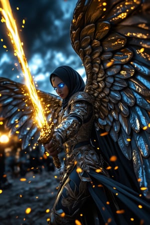 A powerful and dynamic scene of a long hijabi divine archangel in mid-action, slashing her radiant sword with blazing speed, adorned with gothic elements. The archangel is depicted with a flowing hijab and dark, ornate armor featuring intricate gothic engravings that shimmer with a faint blue glow. Her majestic wings spread wide behind her, each feather shimmering with a dark yet radiant, golden glow, casting light onto the stormy sky. The wings are immense and detailed, with gothic patterns etched in divine light, creating an aura of both mystery and majesty. Her eyes glow intensely with a vivid blue, piercing through the darkness with an otherworldly power. As she swings her sword, fiery and light trail effects follow the blade’s path, leaving streaks of blue-tinged flames and ethereal sparks. The scene is captured in a fast-speed time freeze, with embers and light streaks suspended in mid-air, emphasizing the intensity of her movement. Her expression is fierce and determined, reflecting a high battle spirit as she channels divine energy into the swing. The background features a dramatic sky with stormy clouds parting to reveal beams of blue and golden light, further highlighting the grandeur of her wings and gothic presence. The composition blends gothic style, strength, grace, and divine power, focusing on the majestic spread of her wings, the glow of her blue eyes, and the intricately dark elements that make this scene awe-inspiring and powerful.,Archangel,GothicGrace