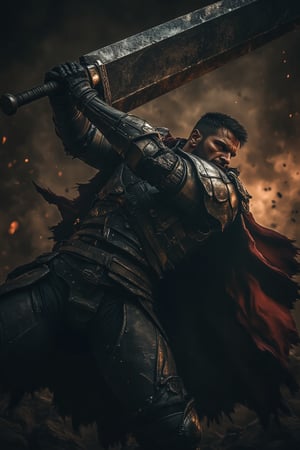 A photorealistic portrait of Guts Berserk, captured mid-swing as he unleashes the full strength of his massive broadsword. The scene is set against a dark, chaotic battlefield, with motion blur enhancing the speed and power of his attack. Guts’ fierce expression and tense muscles reveal his raw determination, while the worn armor and sword glisten under dramatic, directional lighting. Sparks and dust fill the air, adding to the intensity, with dark, smoky tones and flashes of red reflecting the ferocity of the battle. Shadows emphasize the weight and momentum of the swing, immersing the viewer in this powerful moment,velvet_myst,midjourney_whisper_avant_couture