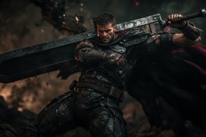 A photorealistic portrait of Guts Berserk, captured mid-swing as he unleashes the full strength of his massive broadsword. The scene is set against a dark, chaotic battlefield, with motion blur enhancing the speed and power of his attack. Guts’ fierce expression and tense muscles reveal his raw determination, while the worn armor and sword glisten under dramatic, directional lighting. Sparks and dust fill the air, adding to the intensity, with dark, smoky tones and flashes of red reflecting the ferocity of the battle. Shadows emphasize the weight and momentum of the swing, immersing the viewer in this powerful moment,Lucent Illusions