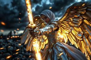 A powerful and dynamic scene of a long hijabi divine archangel in mid-action, slashing her radiant sword with blazing speed. The archangel is depicted with a flowing hijab and ethereal armor that glows with celestial energy. Her majestic wings spread wide behind her, each feather shimmering with a radiant, golden glow, casting light onto the dark sky. The wings are immense and powerful, with intricate patterns etched in divine light, creating an aura of majesty and strength. As she swings her sword, fiery and light trail effects follow the blade’s path, leaving a streak of glowing embers and ethereal flames. The scene is captured in a fast-speed time freeze, with embers and light streaks suspended in mid-air, emphasizing the intensity of her movement. Her expression is fierce and determined, reflecting a high battle spirit as she channels divine energy into the swing. The background features a dramatic sky with stormy clouds parting to reveal beams of divine light, further highlighting the grandeur of her wings. The composition blends strength, grace, and divine power, focusing on the majestic spread of her wings that dominate the scene, creating an awe-inspiring and heavenly moment,Archangel,GothicGrace