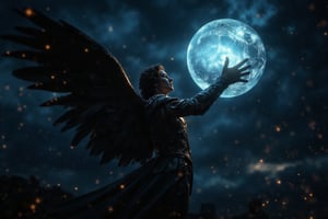 A dramatic scene featuring the silhouette of an archangel reaching out towards a glowing, rune-covered full moon. The archangel's figure is elegantly outlined, with large, majestic wings spread wide behind them, creating a powerful and ethereal presence against the dark night sky. The silhouette is defined by smooth curves and flowing lines, capturing the grace and strength of the archangel’s outstretched hand. The full moon is large and luminous, its surface covered in intricate runes that glow with a mystical blue light, casting a soft glow across the scene. The contrast between the dark silhouette and the radiant moon creates a sense of awe and reverence, emphasizing the archangel’s connection to the celestial. The background features swirling clouds, partially illuminated by the moon's glow, adding depth and atmosphere to the scene. The overall composition is filled with mystery, serenity, and a sense of divine power, making it a visually captivating moment.,Archangel,cinematic dramatic color style,MidnightEmber