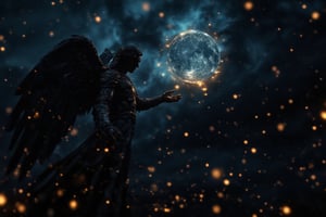 A dramatic scene featuring the silhouette of an archangel reaching out towards a glowing, rune-covered full moon. The archangel's figure is elegantly outlined, with large, majestic wings spread wide behind them, creating a powerful and ethereal presence against the dark night sky. The silhouette is defined by smooth curves and flowing lines, capturing the grace and strength of the archangel’s outstretched hand. The full moon is large and luminous, its surface covered in intricate runes that glow with a mystical blue light, casting a soft glow across the scene. The contrast between the dark silhouette and the radiant moon creates a sense of awe and reverence, emphasizing the archangel’s connection to the celestial. The background features swirling clouds, partially illuminated by the moon's glow, adding depth and atmosphere to the scene. The overall composition is filled with mystery, serenity, and a sense of divine power, making it a visually captivating moment.,Archangel,cinematic dramatic color style,MidnightEmber