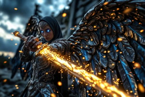 A powerful and dynamic scene of a long hijabi divine archangel in mid-action, slashing her radiant sword with blazing speed, adorned with gothic elements. The archangel is depicted with a flowing hijab and dark, ornate armor featuring intricate gothic engravings that shimmer with a faint blue glow. Her majestic wings spread wide behind her, each feather shimmering with a dark yet radiant, golden glow, casting light onto the stormy sky. The wings are immense and detailed, with gothic patterns etched in divine light, creating an aura of both mystery and majesty. Her eyes glow intensely with a vivid blue, piercing through the darkness with an otherworldly power. As she swings her sword, fiery and light trail effects follow the blade’s path, leaving streaks of blue-tinged flames and ethereal sparks. The scene is captured in a fast-speed time freeze, with embers and light streaks suspended in mid-air, emphasizing the intensity of her movement. Her expression is fierce and determined, reflecting a high battle spirit as she channels divine energy into the swing. The background features a dramatic sky with stormy clouds parting to reveal beams of blue and golden light, further highlighting the grandeur of her wings and gothic presence. The composition blends gothic style, strength, grace, and divine power, focusing on the majestic spread of her wings, the glow of her blue eyes, and the intricately dark elements that make this scene awe-inspiring and powerful.,Archangel,GothicGrace