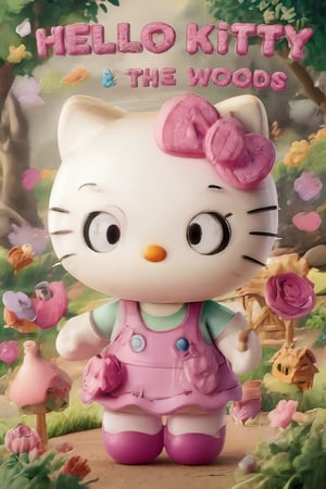 manga cover of hello kitty 3D manga entitled "HELLO KITTY & THE WOODS", white and pink color theme, dreamy house in the woods background,3d animation style,3DChibiHelloKitty,MangaCover