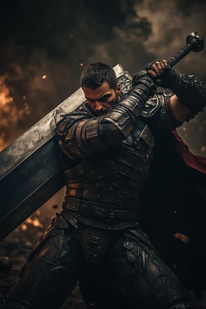 A photorealistic portrait of Guts Berserk, captured mid-swing as he unleashes the full strength of his massive broadsword. The scene is set against a dark, chaotic battlefield, with motion blur enhancing the speed and power of his attack. Guts’ fierce expression and tense muscles reveal his raw determination, while the worn armor and sword glisten under dramatic, directional lighting. Sparks and dust fill the air, adding to the intensity, with dark, smoky tones and flashes of red reflecting the ferocity of the battle. Shadows emphasize the weight and momentum of the swing, immersing the viewer in this powerful moment,velvet_myst,midjourney_whisper_avant_couture