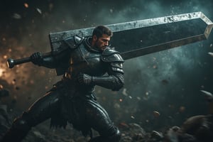 A photorealistic image capturing Guts Berserk, mid-action, slashing his massive broadsword with intense force. Guts is dashing forward at High Speed, his armor gleaming under dynamic lighting, which accentuates every metallic detail and scratch on his armor. The scene shows a furious forward motion blur around Guts, amplifying the sensation of his speed and power. His broadsword, larger-than-life, arcs through the air, capturing traces of sparks and impact dust as it cleaves forward. The background is a chaotic, battlefield-like setting, blurred to emphasize Guts’ movement and intensity. The lighting is harsh and directional, casting dramatic shadows that enhance the dark, gritty atmosphere, with cool tones adding to the ominous ambiance.,LightBurst