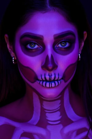 Close-up of a TamannaFlux with elaborate makeup. 


The makeup creates a striking, almost otherworldly effect.  Her face is painted with a design that resembles a skull, with the details of the bones and teeth rendered with intricate colouration.  The colours are vibrant, primarily shades of purple, pink, and hints of blue.  The contrast between the colours and the tones of the makeup is significant. 


Her eyes have a unique, intensified look due to makeup, with large, styled, coloured contact lenses.  Intense lighting and color filters are used to give the face a luminous, almost glowing quality. 


The woman's hair is dark and long, and some of it falls around her shoulders. 


The skin surrounding the painted area displays a noticeable contrast with the highlighted face paint.  There are small, intricate details in the skull makeup, suggesting careful application.  A subtle, patterned design, that's similar to scales or fish skin, is painted on her shoulder and upper chest area. Two earrings are visible. 


The background is entirely dark, drawing attention to the subject’s face and elaborate makeup.,