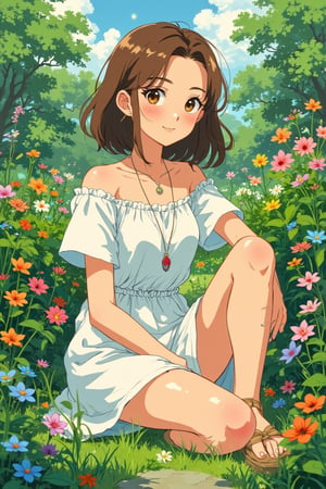 tdxfg40,gvliiv1. Anime art. Studio Ghibli official illustration. A Beautiful young Asian woman, 22yo, stunning, shoulder-length brown hair, detailed face, curvaceous body, slender legs, detailed skin texture, necklace, loose dress, sandals, flower garden, sunlight, vivid colors flowers surrounding, legs aside sitting on grass ground, charming smile face, from front side, full body focus, highly details, high contrast.