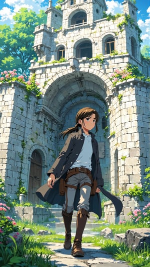 Studio Ghibli official illustration, tdxfg40, gvliiv1. Harsh daylight, Extreme contrast. Subject is closer to the camera. Screenshot of action Scene from Attack on titan. In foreground, Official art of an anime character, Eren Yeager from attack on titan, 25 years old, Tall young man, with long hair bound in back, wearing a black coat and white t - shirt, in an dynamic action pose. In background, A White coloured ruin of a palace on which Cherry flower and wild grasses are grown.  Studio ghibli key visual.