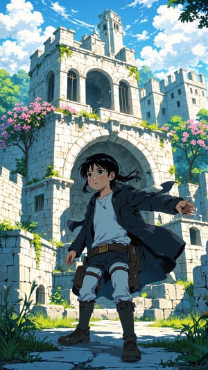 Studio Ghibli official illustration, tdxfg40, gvliiv1. Harsh daylight, Extreme contrast. Subject is closer to the camera. Screenshot of action Scene from Attack on titan. In foreground, Official art of an anime character, Eren Yeager from attack on titan, 25 years old, Tall young man, with long hair bound in back, wearing a black coat and white t - shirt, in an dynamic action pose. In background, A White coloured ruin of a palace on which Cherry flower and wild grasses are grown.  Studio ghibli key visual.