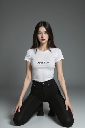 A striking image: a sexy girl sits majestically on a sleek gray surface, his legs open wide straight to camera and hands resting delicately on either side of her body. His porcelain skin is set off by the vibrant red hue of her lips, while the stark contrast between her white tshirt graphic text with helvetica font, text " ADUK & CO ". Shes wearing black fit yoga phants. and the all-gray background creates an air of sophistication and elegance.