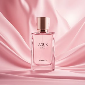 (one bottle) pink Elegant square and modern perfume bottle ad with a silk texture background,PFproduct, main text on the bottles is " ADUK & CO "and second text small size under the main text" CIAWITALI "