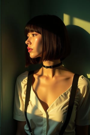 Lx278,neonpunk,cyberpunk, 

A portrait of a person, captured in a side profile. The subject has a bob haircut with straight bangs, and their hair is a rich brown color. The sunlight casts a sharp shadow on the wall behind them, creating a play of light and shadow. The person is wearing a white blouse with a V-neckline and dark suspenders. The background is dark, which accentuates the subject's features. The overall mood of the image is contemplative and serene, with a touch of melancholy.