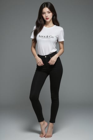 A striking image: a sexy girl with perfect body, sexy long legs, and feet standing dynamic pose on a sleek gray surface. His porcelain skin is set off by the vibrant red hue of her lips, while the stark contrast between her white tshirt graphic text typography with helvetica font, text " ADUK & CO ". Shes wearing black fit jeans phants. Barefeet. and the all-gray background creates an air of sophistication and elegance.