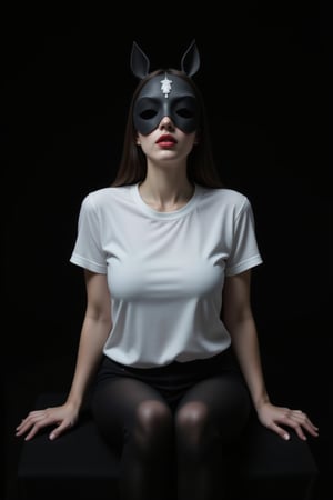 A striking image: a man with head horse mask sits majestically on a sleek black surface, his legs straight to camera and hands resting delicately on either side of her body. His porcelain skin is set off by the vibrant red hue of her lips, while the stark contrast between her white tshirt and the all-black background creates an air of sophistication and elegance.