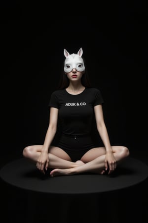 A striking image: a sexy girl with head horse mask sits majestically on a sleek black surface, his legs open wide straight to camera and hands resting delicately on either side of her body. His porcelain skin is set off by the vibrant red hue of her lips, while the stark contrast between her white graphic text with helvetica font, text " ADUK & CO " tshirt and the all-black background creates an air of sophistication and elegance.