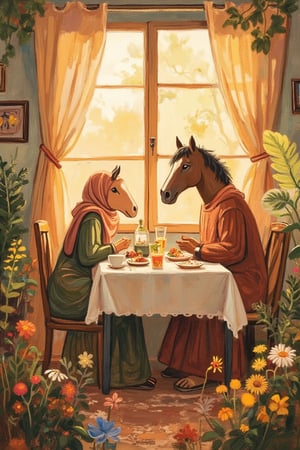 A Tove Jansson-inspired illustration of a Indonesian with horse head mask woman and a loose cloth abaya, sitting with a horse head indonesian man at a breakfast table in the morning. The soft, warm light of dawn highlights their relaxed expressions and the intricate details of their traditional attire. The composition is intimate, with the couple seated close, sharing a meal. The background features a cozy, homey setting, creating a harmonious and serene atmosphere.