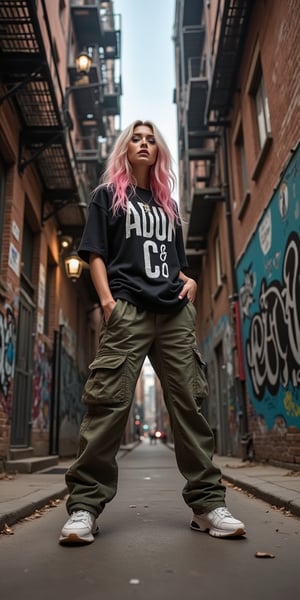 A stunning beautifull woman with a streetwear style, posing confidently dynamic pose in an urban alleyway. She is wearing baggy cargo pants, an black oversized graphic text helvetica fonts "ADUK & CO" tee, and sneakers, with her gradient white and pink hair. The alley is covered in graffiti, and there are industrial elements like metal fire escapes and brick walls. The camera uses a low-angle shot with a 35mm lens, giving her a powerful, commanding presence in the frame. The lighting is a mix of natural and artificial light from street lamps, casting dramatic shadows and highlights. The image is in 4K resolution, with sharp focus on the textures of the graffiti and the boldness of her outfit, ek_ph0t0_b00ster