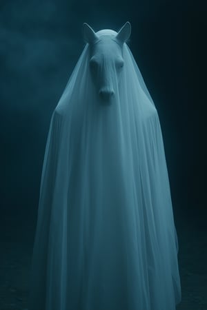 photo of a ghost, transparent blurry, looking at side of viewer, transparent veil, horse head mask standing, white dress, fog, night, darkness, 8k, depth of field,VNS_Ghost