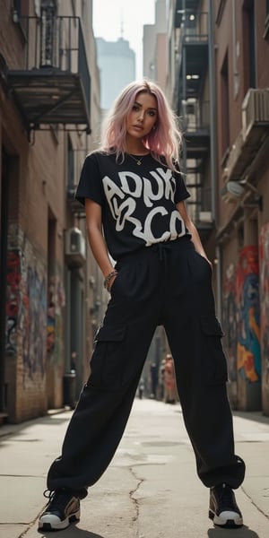 A stunning beautifull woman with hijab a streetwear style, posing confidently dynamic pose in an urban alleyway. She is wearing long baggy cargo pants, an black oversized graphic text helvetica fonts "ADUK & CO" tee, and sneakers, with her gradient white and pink hair. The alley is covered in graffiti, and there are industrial elements like metal fire escapes and brick walls. The camera uses a low-angle shot with a 35mm lens, giving her a powerful, commanding presence in the frame. The lighting is a mix of natural and artificial light from street lamps, casting dramatic shadows and highlights. The image is in 4K resolution, with sharp focus on the textures of the graffiti and the boldness of her outfit, ek_ph0t0_b00ster