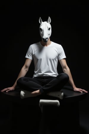 A striking image: a man with head horse mask sits majestically on a sleek black surface, his legs crossed and hands resting delicately on either side of her body. His porcelain skin is set off by the vibrant red hue of her lips, while the stark contrast between her white tshirt and the all-black background creates an air of sophistication and elegance.