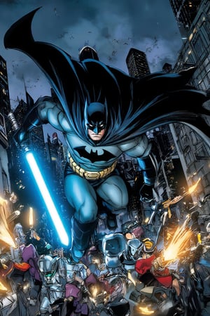 Batman with glowing blue lightsaber slicing through dark alleyway at midnight. The scene is captured from a low-angle, dynamic perspective, highlighting Batman’s intense expression and fluid motion. Neon streetlights create sharp highlights on the cape’s edges, with sparks flying off the villains' armor, emphasizing the clash. The background features dimly lit skyscrapers all blurred to accentuate the saber’s swift movement. The cloudy night sky enhances the overall ominous atmosphere.
(1.6-1) d S = δ Q rev T::[0.7] Batman::[0.3] Villains --s cinematic realism,Lightsaberpose,MangaCover,Manga and Anime cartoon style