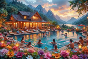 A dreamy cabin homestay with a lively swimming pool party happening through lush garden surroundings at twilight. The scene is captured from an aerial view, highlighting joyful guests dancing and swimming. Soft ambient lighting creates a warm glow on the cabin's surface, with twinkling lanterns and smiling faces emphasizing the cheerful atmosphere. The background features distant mountains, all blurred to accentuate the cabin's movement. The starry night sky enhances the overall dreamy vibe.

(1.6-1) dS = δQ_rev/T ::0.7 dreamy cabin homestay with happy guests::0.3 swimming pool party --s palette knife impasto papercut art, PaletteKnifeImpasto,PapercutArt