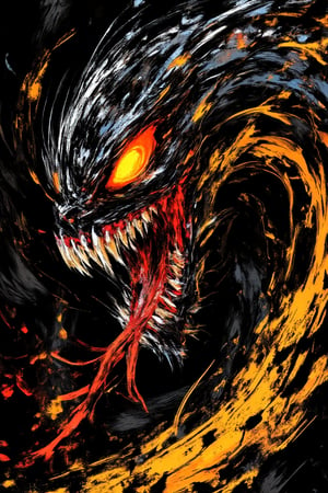 A dynamic brushstroke painting of a Venom symbiote's portrait, showcasing its sharp teeth and serpentine tongue. The symbiote's muscular features are highlighted by dramatic lighting, creating a strong contrast against the dark, abstract background with swirling shadows. The deep black and blue hues dominate the scene, with fluid and rough textures that convey the organic, shifting nature of the symbiote. The spotlight illuminates the face, capturing the sinister expression with precise, detailed strokes, resulting in a masterpiece that exudes intensity and power,WildfireFury,BrushstrokeSymphony