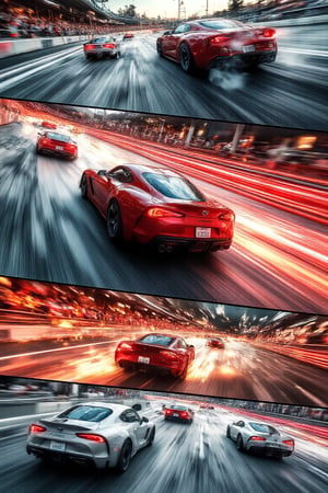 A multi-panel manga page showcasing an epic race between sleek, high-performance racing cars, each car dramatically drifting around a tight curve on a bustling race track. Each panel captures intense moments: close-up shots of determined drivers, the sharp turns, and tires emitting thick smoke as they skid across the asphalt. Background details include rubber marks along the track, blurred stadium lights, and cheering crowds in distant panels. Motion lines and speed streaks emphasize the fierce velocity, with vibrant contrasts of red, black, and silver across the page. Manga-style, intense shading and dynamic angles enhance the excitement and competition in every frame, each detail contributing to the dramatic, action-packed scene,High Speed,Hyperspeed,High dynamic range style,toyota supra,cinematic dramatic color style,MangaPanel