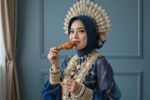 A professional photoshoot of an elegant Bugis bride, wearing intricate traditional Bugis headgear adorned with silver and gold beadwork over a layered, flowy long hijab made of blue organza fabric. Captured from a symmetrical front-centered view, the bride holds a fried chicken drumstick, playfully taking a bite while maintaining her graceful posture. Her deep blue outfit is richly decorated with shimmering beads, which contrast humorously with the casual moment. The scene is set in an indoor space with a refined, minimalist backdrop in soft blue tones, slightly blurred to maintain focus on the bride. Soft natural lighting enhances the texture of the organza and the intricate details of her attire, while casting a warm glow on the fried chicken, creating a whimsical yet elegant atmosphere,friedchicken,Bugis Bride